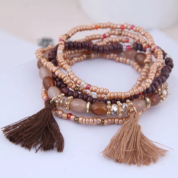 Bracelet Multi layer (6) Bead Tassel Boho Stretch Stackable - Picture 4 of 8